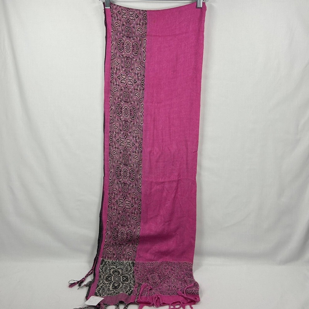 Hot Pink Paisley Long Scarf Woven Fringe Faux Pocket Scarf